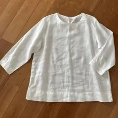 【美品】無印良品　リネン ホワイト クルーネック シャツ 麻100% 七分丈