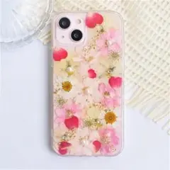 #034 全機種対応　押し花スマホケース　可愛い　ピンク　パール