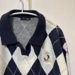 アーガイル柄 襟付きニット セーター ネイビー×ホワイト ワンポイント刺繍 M
