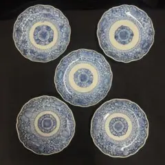 龍峰窯 花鳥図 染付 中鉢揃 5枚セット 中皿 輪花皿 古伊万里 更紗