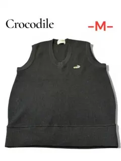 クロコダイル　ウール混　Vネックニットベスト　ロゴ刺繍　日本製　ブラック　M