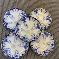 香兰社，深川製，青と白の花柄皿5枚セット