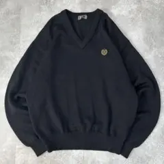90s DAKS Vネックニット セーター 黒 刺繍ロゴ LL オーバーサイズ