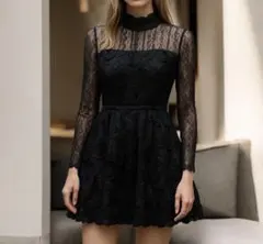 ブラックレース　お花のミニ丈ドレス　パーティードレス　発表会　ナイトドレス