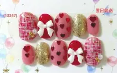 ネイルチップ❁⃘*ハート リボン ツィードネイル バレンタイン(現品セール中)