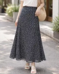 レトロガール　プリーツロングスカート　花柄　フリーサイズ　黒　ブラック