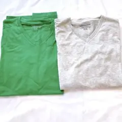 レディース Tシャツ Vネック フィット 半袖 グリーン グレー2枚セットMお得