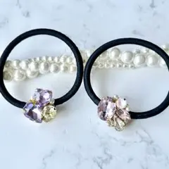 【限定セット】ライトパープル＆ピンク　キラキラ　ストーン　ヘアゴム　ハンドメイド