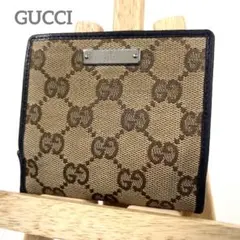 グッチ　折り財布　GGキャンバス　ロゴプレート　総柄　スクエア　レザー　極美品