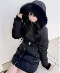 INGNI ファーフード付ウエストベルト ダウンコート ブラック