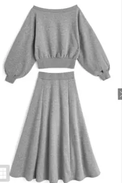 グレー オフショルダー スウェットセットアップ