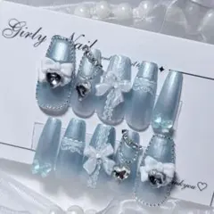 Ｎｏ．現品 ネイルチップハンドメイド 水色フリルリボン韓国ハートストーンちゅるん