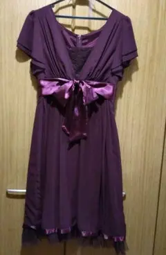 パープル ドレス Vネック リボン付き