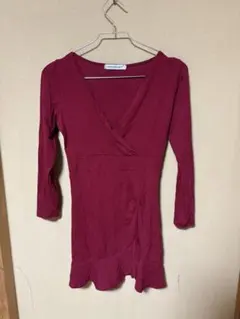 ワインレッド 長袖ラップワンピース