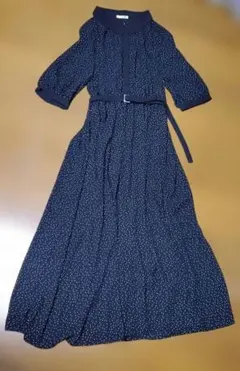 新品(M)美品/未使用/七分袖シフォンワンピース　ベルト/ロング/Aラインワンピ