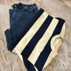 アイボリーとネイビーのストライプ長袖トップスとウエストゴムパンツセット