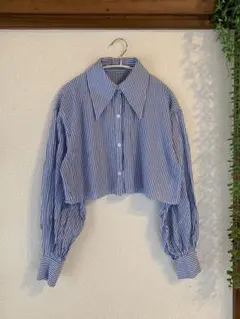 美品★INGNI★短丈ストライプシャツ★ブルー★サイズフリーM