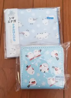 シマエナガ　タオルハンカチ　ミニ財布　ブルー
