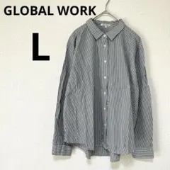 GLOBAL WORK 長袖シャツ　グレー×ホワイトストライプ【L】 カジュアル