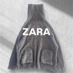 4【美品】ZARA ファーポケット　タートルネックニット　M