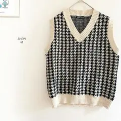 SHEIN Vネックチドリ格子柄ニットベスト アイボリー×ブラック