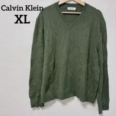 カルバンクライン【XL】セーター Vネック 長袖 無地 緑 ナイロン 羊毛