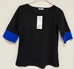 新品☆配色リブニット半袖カットソー☆BLACK×BLUEのサムネイル