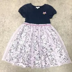 エニィファム チュールワンピース 120 半袖 花柄 ネイビー パープル
