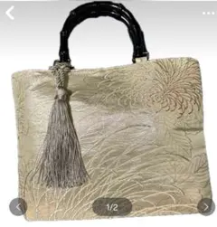 いいね無し購入タッセル中おまけ　絹帯リメイク シルバーにピンクの菊