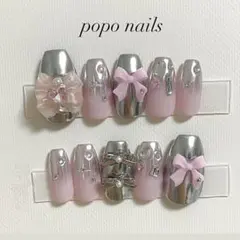 バレエコアネイルチップ　ワンホン　現品　リボン　ピンクミラー　ビジュー