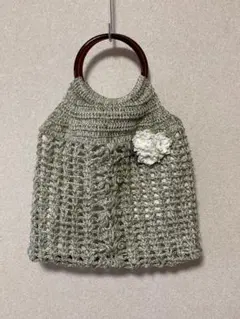 丸い持ち手のニットネットバッグ　ニットバッグ　毛糸バッグ　花モチーフ　かぎ針編み