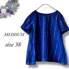 MEDDUM半袖シャツ38 ネイビーシルバー チェック 丸首 フレアY213のサムネイル