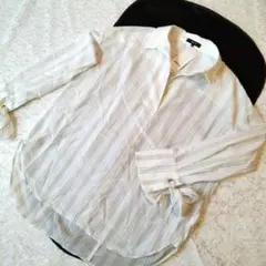 新品　タグ付き　コムサイズム　ホワイト　ストライプ　ブラウス　シャツ　リボン
