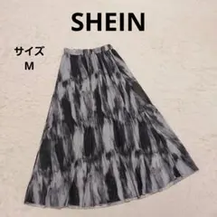 SHEIN フレアロングスカート M グレー 水墨画風 個性的 総柄 タイダイ