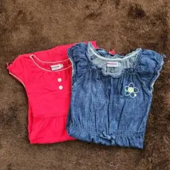 【美品】ミキハウス ウサギポケット付き 半袖ワンピース デニム地 花刺繍