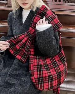 チェック柄リボン付きショルダーバッグ 赤