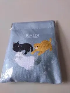 KALDI 猫柄 ミニポーチ ブルー