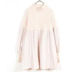 値下げ M~L ハイネック ニット プリーツ チュニック レディース/ベージュ