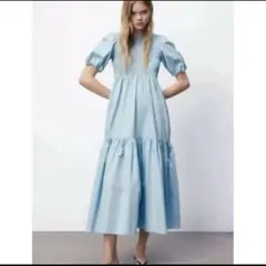 完売品 ZARA ザラ　ポプリンパネルミディワンピース　ブルー　USA M