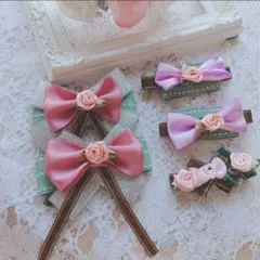 クラシカル リボン 薔薇 ツインヘアクリップ まとめ売り ハンドメイド