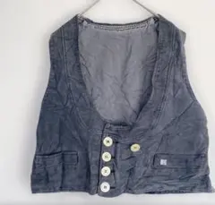 春服 デニム ベスト ダークグレー L 1点もの Vネック 前開き ダメージ