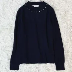 ロペピクニック パール付きリブニット ネイビー M 長袖　上品　伸縮性　きれいめ