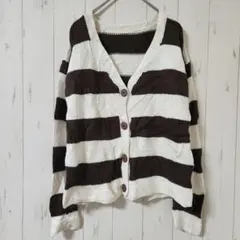 ボーダーニットカーディガン【F】 Vネック 太ボーダー ブラウン ホワイト 茶