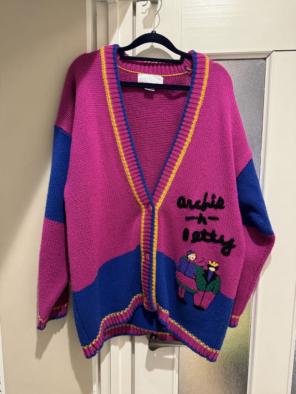 90sヴィンテージ刺繍ニットカーディガンLレトロ古着ゆるだぼ個性派人気秋冬大きめ