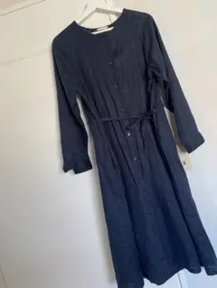 値下げ　リネンネイビー シャツワンピース 長袖 ボタン付き
