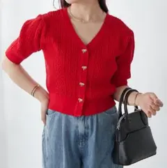 ビジューリボンカーディガン　レッド