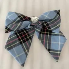 水色チェックリボン　クリスタル装飾