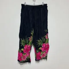 ハーフムーンベイ レーヨン クロップドパンツ 黒 L アロハ 花柄 インド製