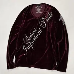 00s Vネック ベロア ロングtシャツ トライバル 十字架 刺繍 お兄系 平成