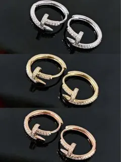 K18YG PG WG 天然ダイヤモンド　釘モチーフ　フープピアス　18金